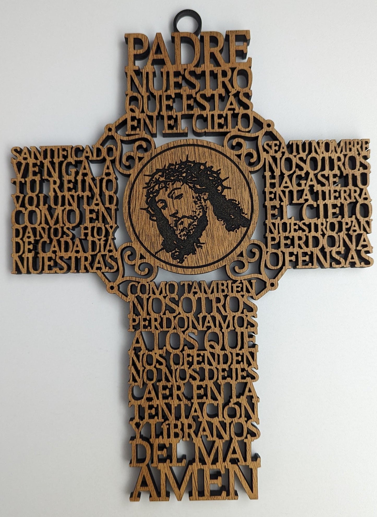 Laser Cut Lord's Prayer Wall Cross in Spanish | Padre Nuestro Wood Cross with Jesus Portrait | Christian Home Decor | Religious Gift