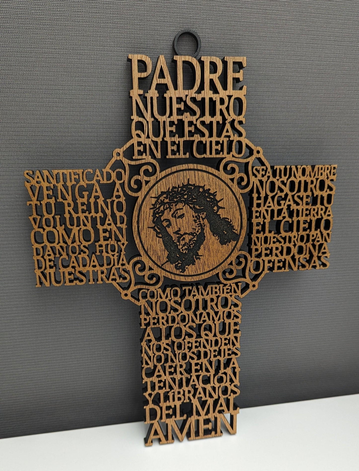 Laser Cut Lord's Prayer Wall Cross in Spanish | Padre Nuestro Wood Cross with Jesus Portrait | Christian Home Decor | Religious Gift