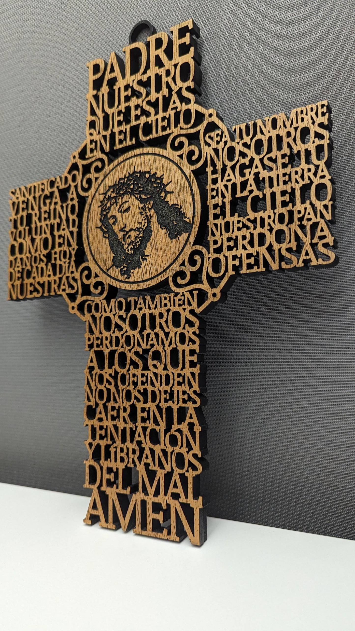 Laser Cut Lord's Prayer Wall Cross in Spanish | Padre Nuestro Wood Cross with Jesus Portrait | Christian Home Decor | Religious Gift