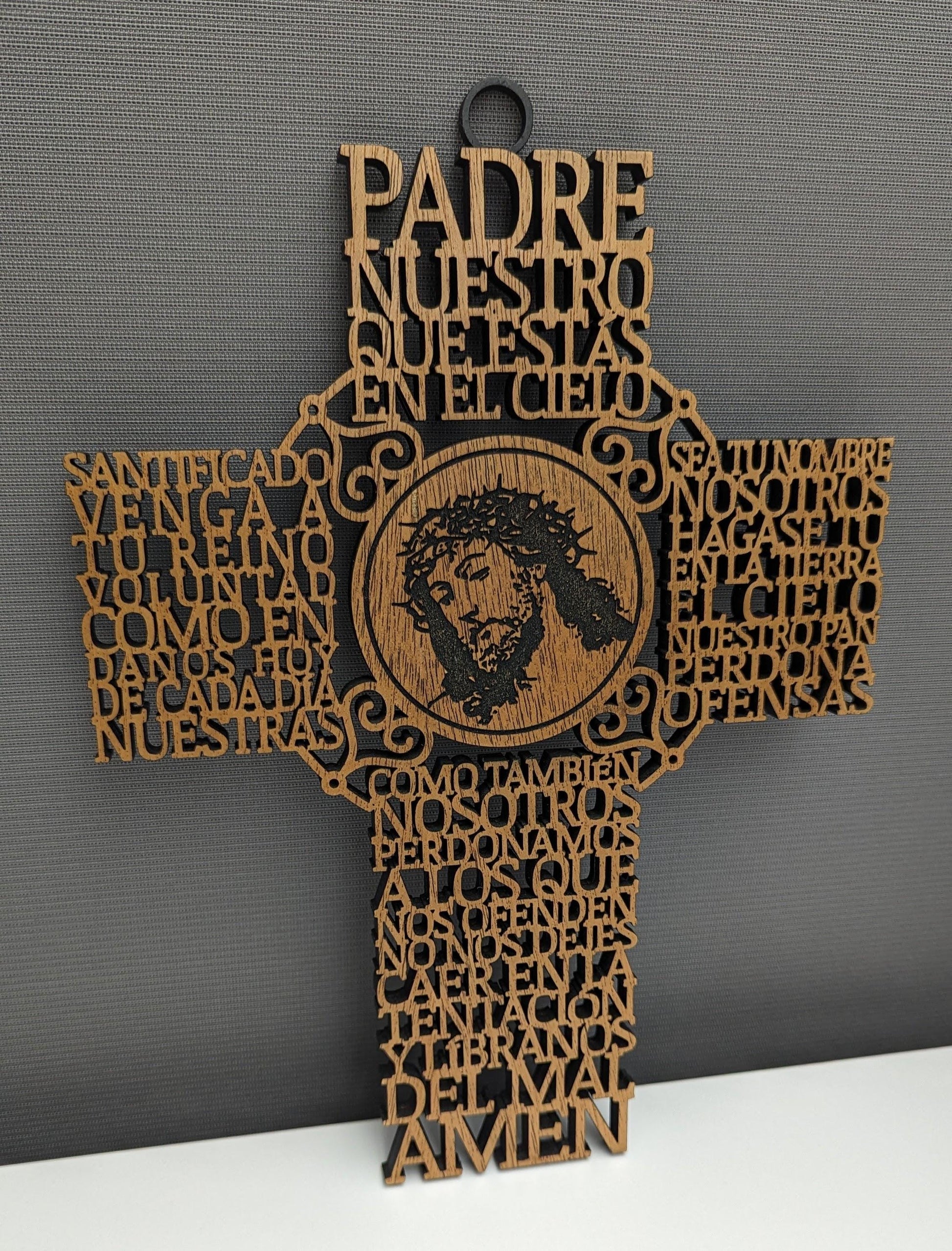 Laser Cut Lord's Prayer Wall Cross in Spanish | Padre Nuestro Wood Cross with Jesus Portrait | Christian Home Decor | Religious Gift